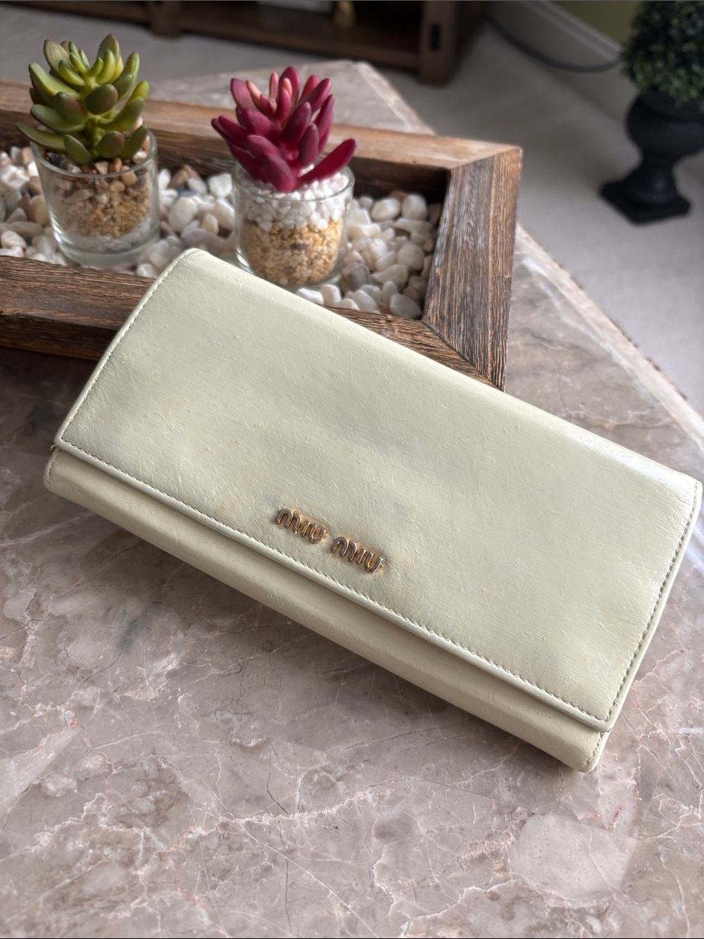 Miu Miu Pale Cream Leather Long Wallet with Gold Logo